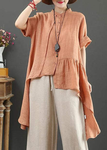 Art white linen clothes pattern stand collar low high design top - SooLinen