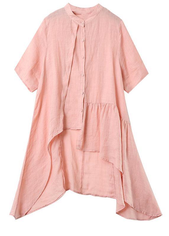 Art white linen clothes pattern stand collar low high design top - SooLinen