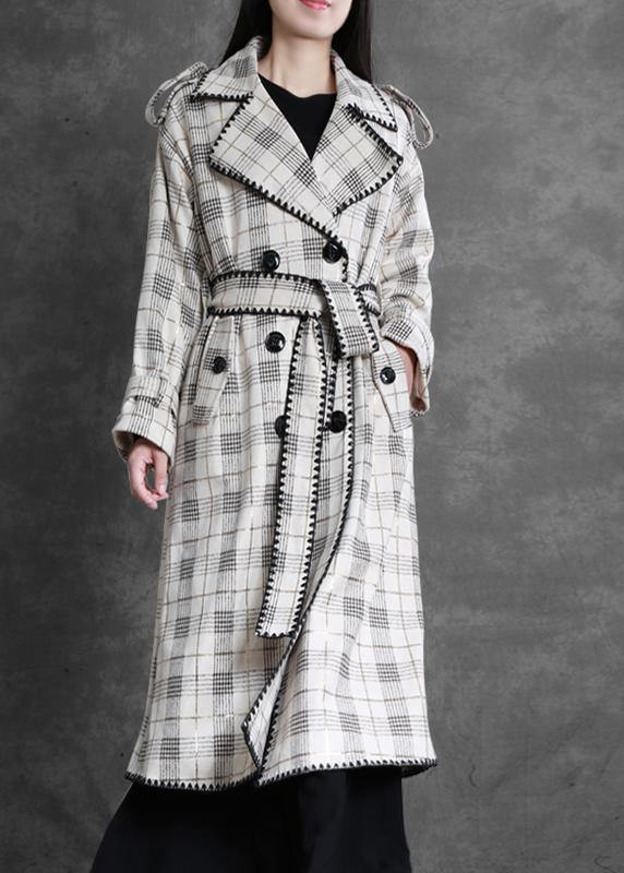 Art white plaid fine trench coat Gifts Notched back side open outwears - SooLinen