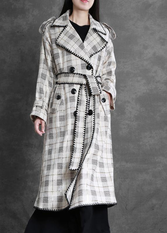 Art white plaid fine trench coat Gifts Notched back side open outwears - SooLinen