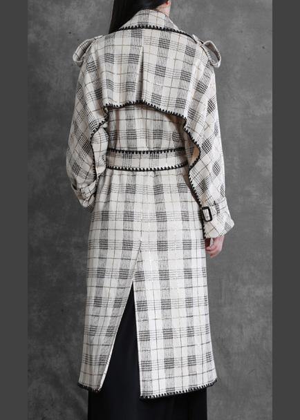 Art white plaid fine trench coat Gifts Notched back side open outwears - SooLinen