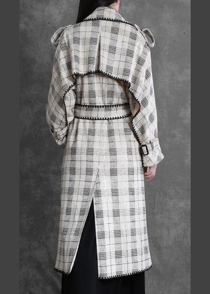 Art white plaid fine trench coat Gifts Notched back side open outwears - SooLinen