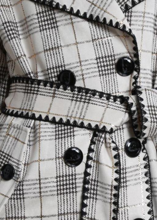 Art white plaid fine trench coat Gifts Notched back side open outwears - SooLinen
