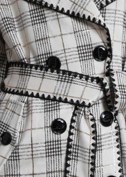 Art white plaid fine trench coat Gifts Notched back side open outwears - SooLinen