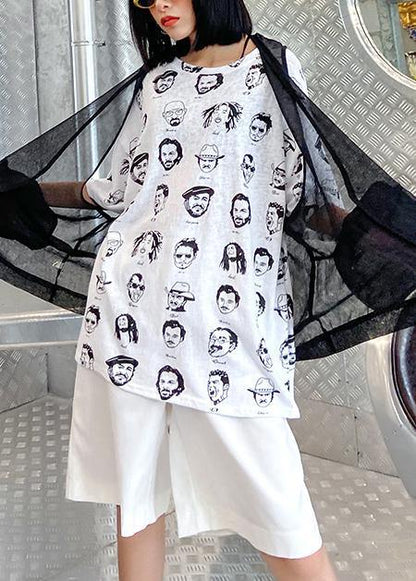 Art white prints cotton clothes short sleeve wild oversized summer tops - SooLinen