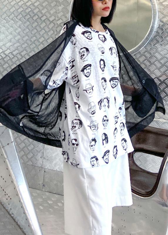 Art white prints cotton clothes short sleeve wild oversized summer tops - SooLinen