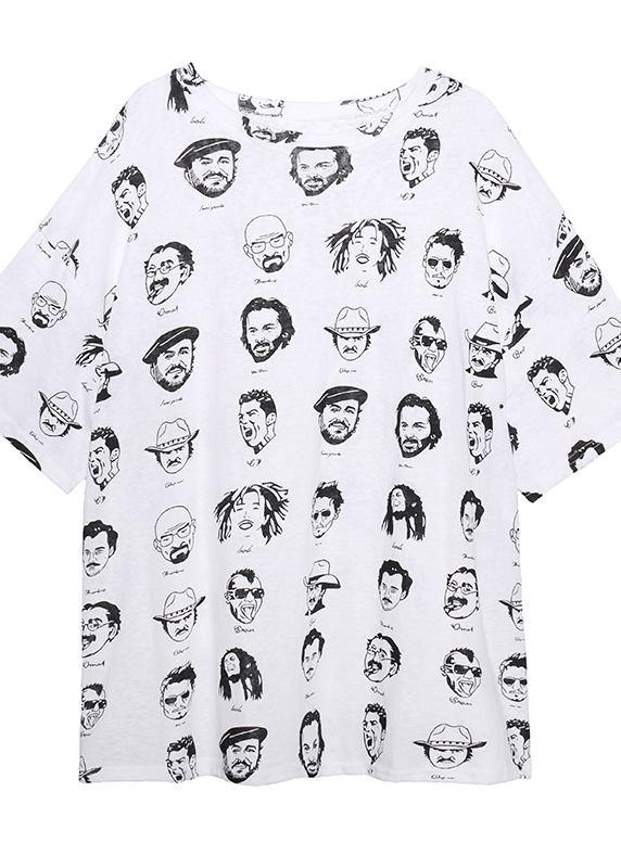 Art white prints cotton clothes short sleeve wild oversized summer tops - SooLinen