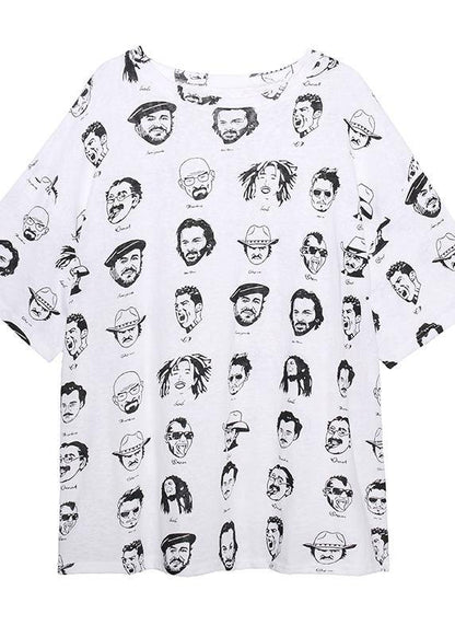 Art white prints cotton clothes short sleeve wild oversized summer tops - SooLinen