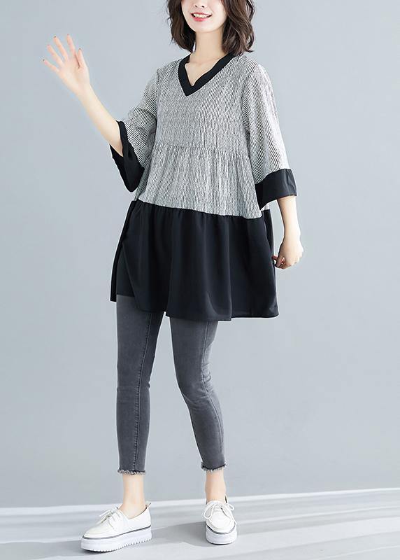 Art white striped chiffon dresses boutique Life patchwork flare sleeve Art Summer Dresses - SooLinen