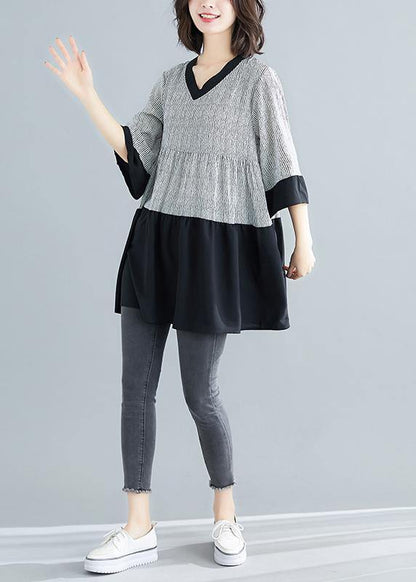 Art white striped chiffon dresses boutique Life patchwork flare sleeve Art Summer Dresses - SooLinen