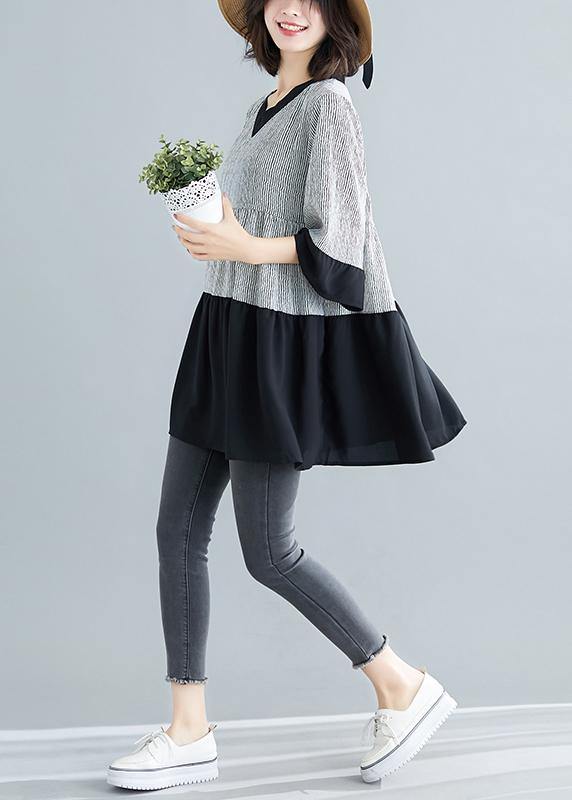 Art white striped chiffon dresses boutique Life patchwork flare sleeve Art Summer Dresses - SooLinen