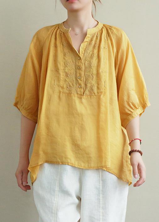 Art yellow embroidery linen tunic top v neck Button Down silhouette summer blouses - SooLinen