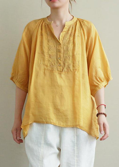 Art yellow embroidery linen tunic top v neck Button Down silhouette summer blouses - SooLinen