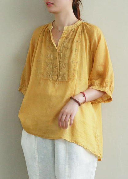 Art yellow embroidery linen tunic top v neck Button Down silhouette summer blouses - SooLinen