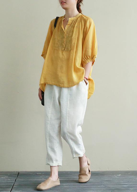 Art yellow embroidery linen tunic top v neck Button Down silhouette summer blouses - SooLinen