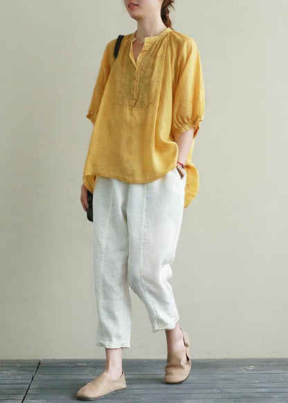 Art yellow embroidery linen tunic top v neck Button Down silhouette summer blouses - SooLinen