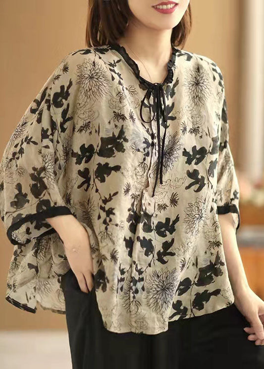 Art Beige Print Asymmetrisches Top Baumwolle Leinen V-Ausschnitt