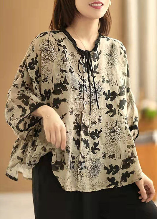 Art Beige Print Asymmetrisches Top Baumwolle Leinen V-Ausschnitt