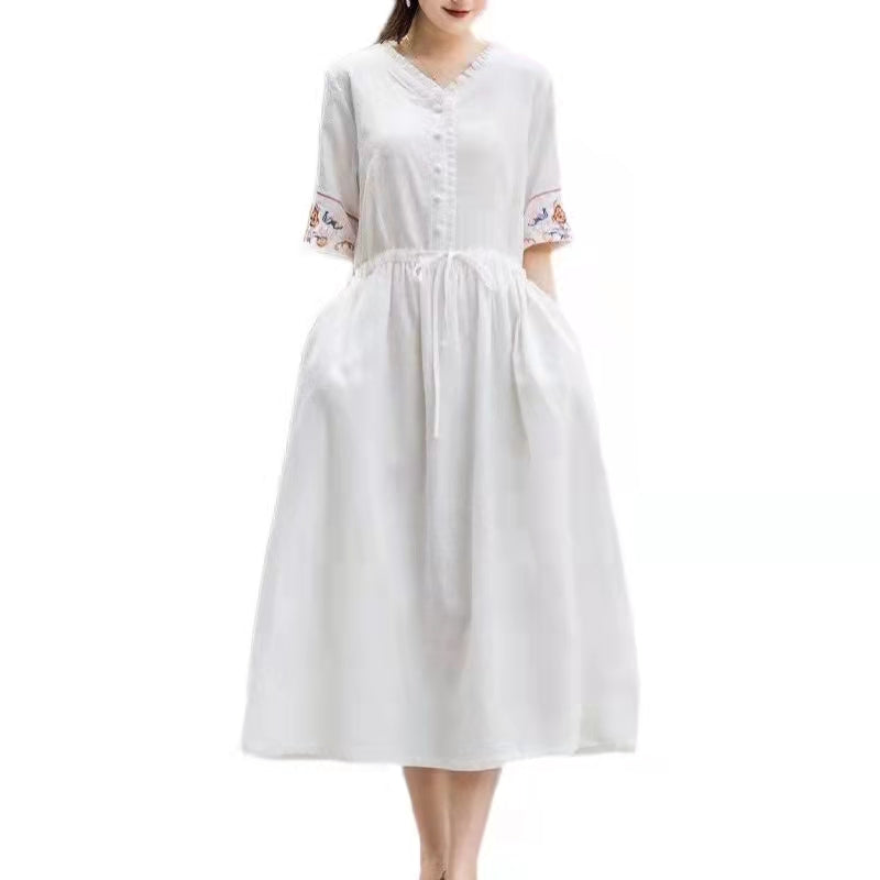 Kunst rosa Leinenkleid V-Ausschnitt Stickerei Leinen Roben Kleid