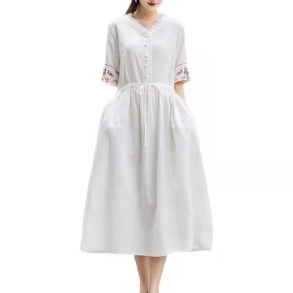 Kunst rosa Leinenkleid V-Ausschnitt Stickerei Leinen Roben Kleid