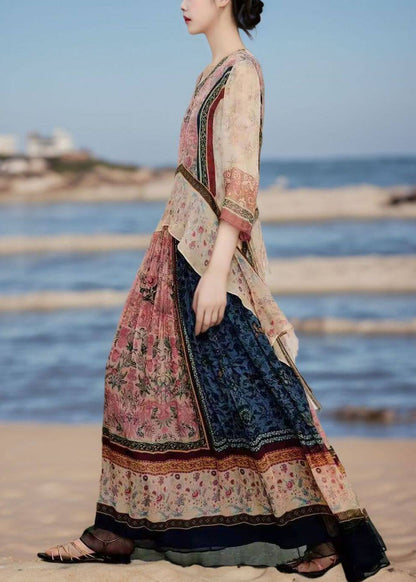 Atr Print Asymmetrical Design Chiffon Two Pieces Set Summer