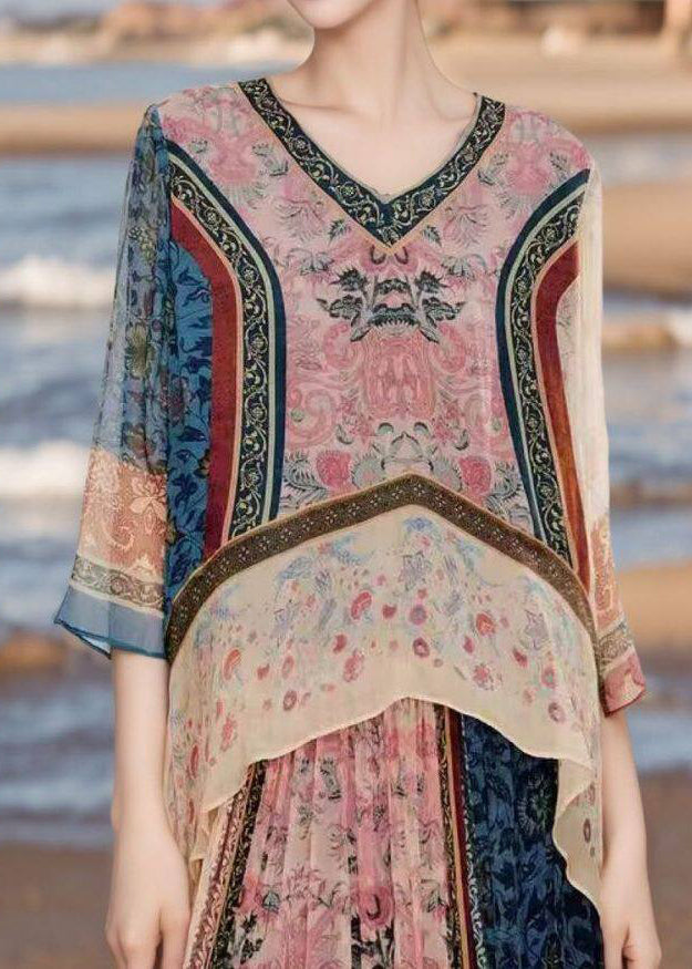 Atr Print Asymmetrical Design Chiffon Two Pieces Set Summer