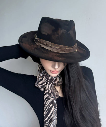 Sombrero vaquero de lana con plumas negras para otoño e invierno