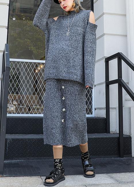 Autumn Knitted Gray Set Women's Two-piece Skirt New Sweater Skirt Set - SooLinen
