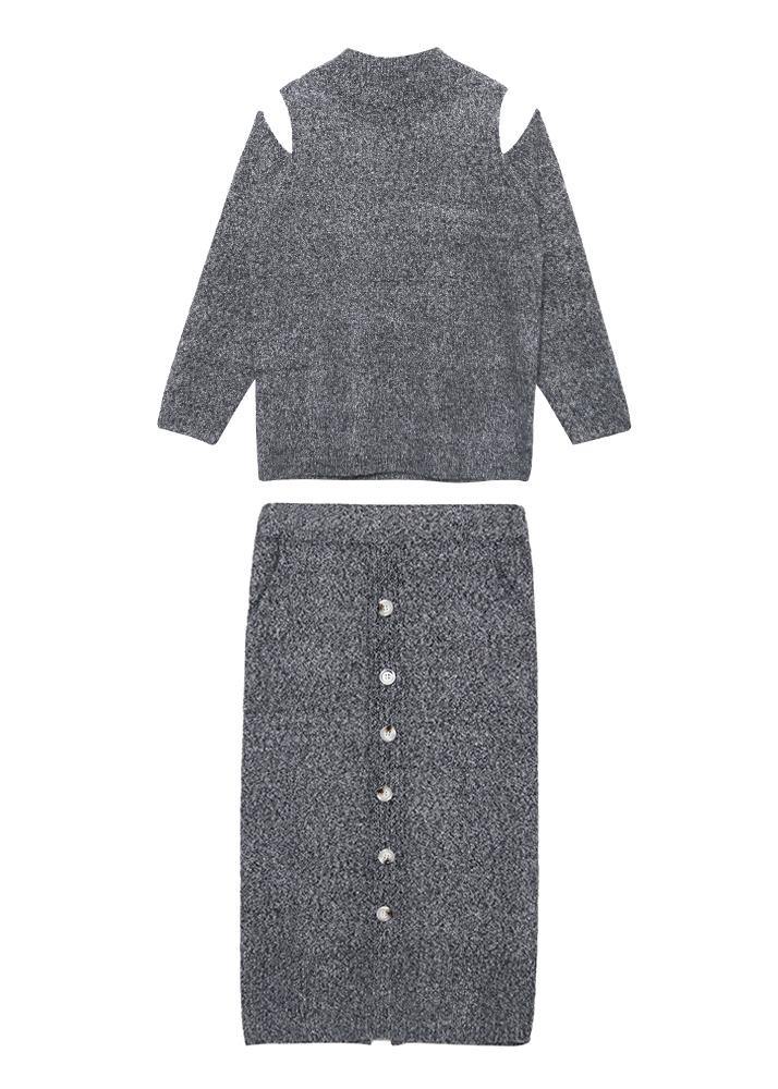 Autumn Knitted Gray Set Women's Two-piece Skirt New Sweater Skirt Set - SooLinen