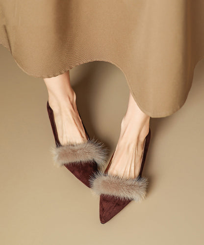 Zapatos planos cómodos con punta y empalme de piel afelpada negra de otoño