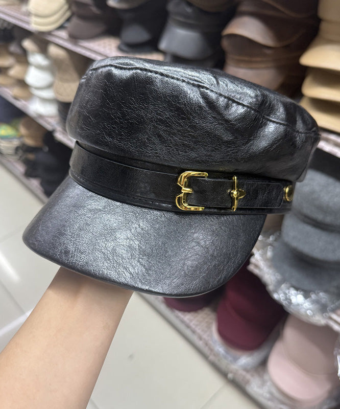 Herbst/Winter: Vielseitiger, modischer Entenschnabelhut aus schwarzem Leder