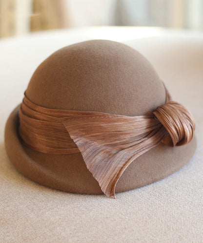 Autumn Winter Camel Silk And Linen Decorated Wool Bucket Hat