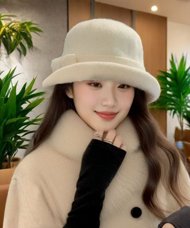 Sombrero de cubo de lana gruesa con lazo elegante para otoño e invierno