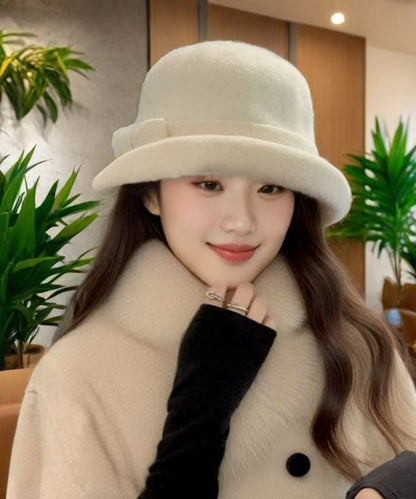Sombrero de cubo de lana gruesa con lazo elegante para otoño e invierno
