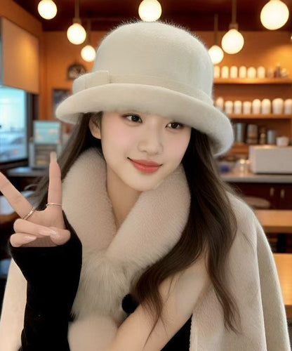 Sombrero de cubo de lana gruesa con lazo elegante para otoño e invierno