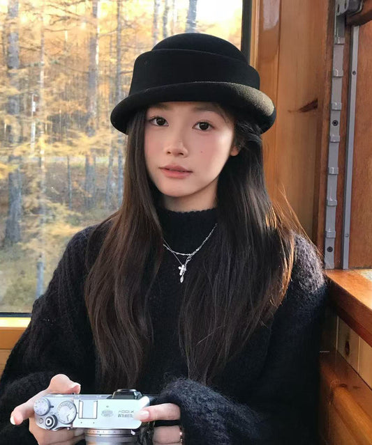 Autumn Winter New Fashion Black Simulated Wig Woolen Bucket Hat