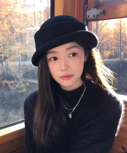 Autumn Winter New Fashion Black Simulated Wig Woolen Bucket Hat