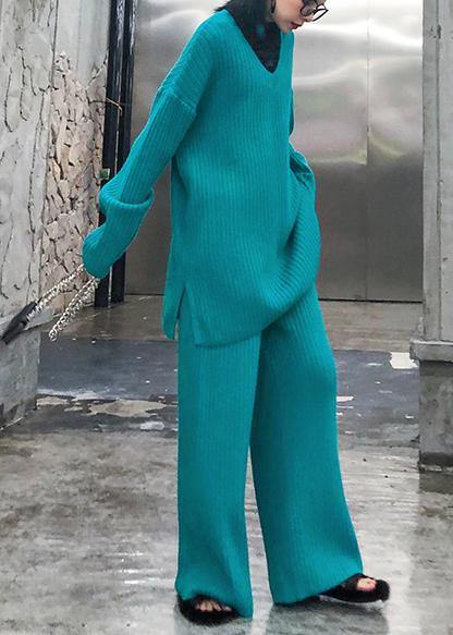 Autumn and winter suit 2021 new women's fashion knitted wide leg pants blue green two piece - SooLinen