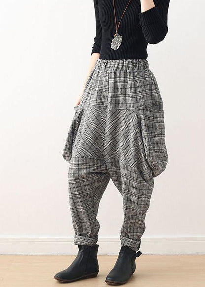 Autumn new retro thick large size warm knitted gray plaid harem bloomers - SooLinen