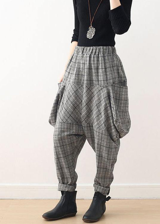 Autumn new retro thick large size warm knitted gray plaid harem bloomers - SooLinen