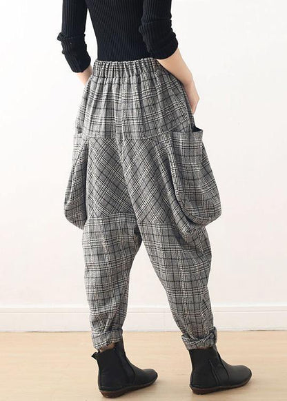 Autumn new retro thick large size warm knitted gray plaid harem bloomers - SooLinen