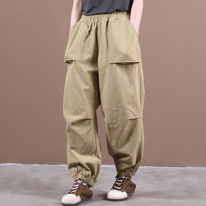 Autumn new style three-dimensional pocket elasticated foot pleated casual pants - SooLinen