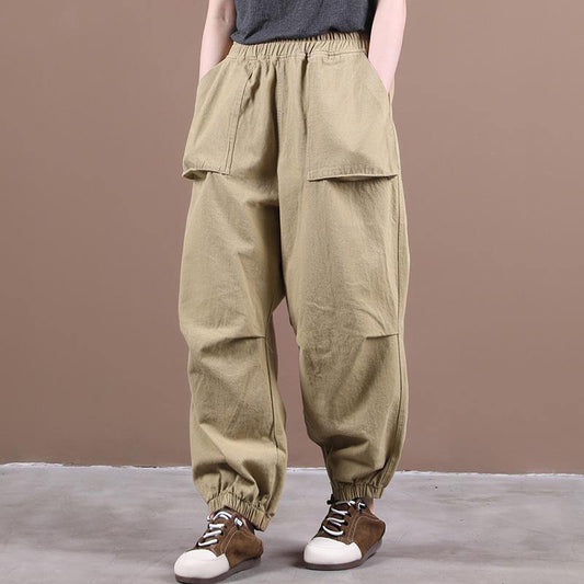 Autumn new style three-dimensional pocket elasticated foot pleated casual pants - SooLinen