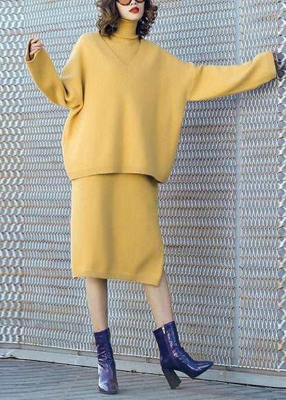Autumn new temperament yellow high collar long-sleeved sweater suit skirt two-piece - SooLinen