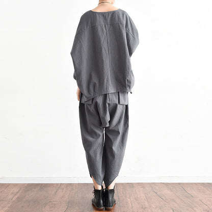 Herbst-Outfits grau stilvolle Leinen Tops und lässige Leinen Hosen zwei Stücke Leinen