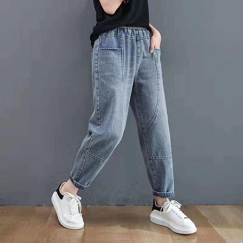 Herbst neue blaue Haremsjeans mit Schnürung und elastischer Taille