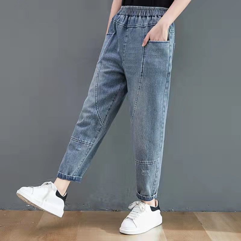 Herbst neue blaue Haremsjeans mit Schnürung und elastischer Taille