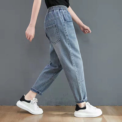 Herbst neue blaue Haremsjeans mit Schnürung und elastischer Taille