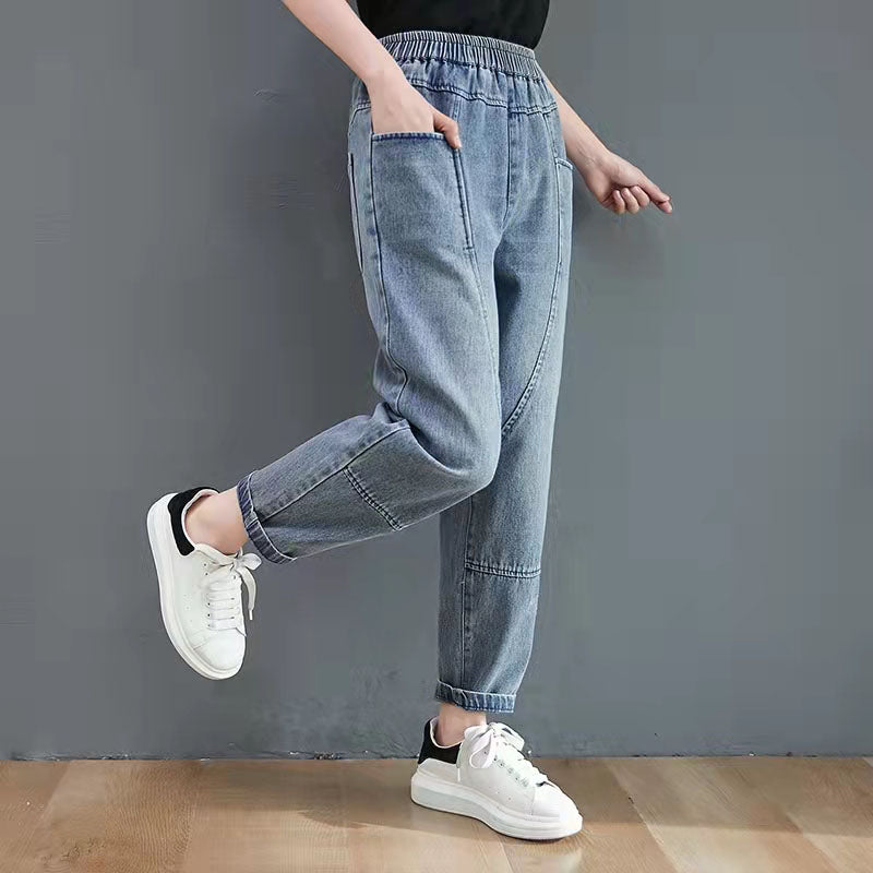 Herbst neue blaue Haremsjeans mit Schnürung und elastischer Taille