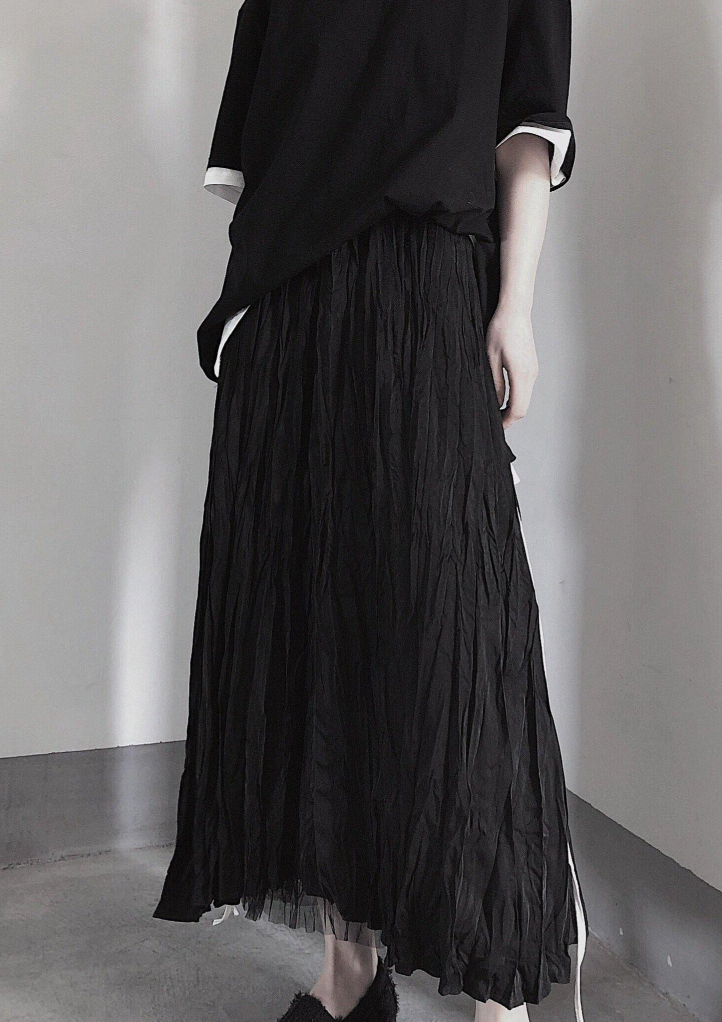 BLACK PLEATED Double Layer Design With Elastic Waist Skirt On Both Sides - SooLinen